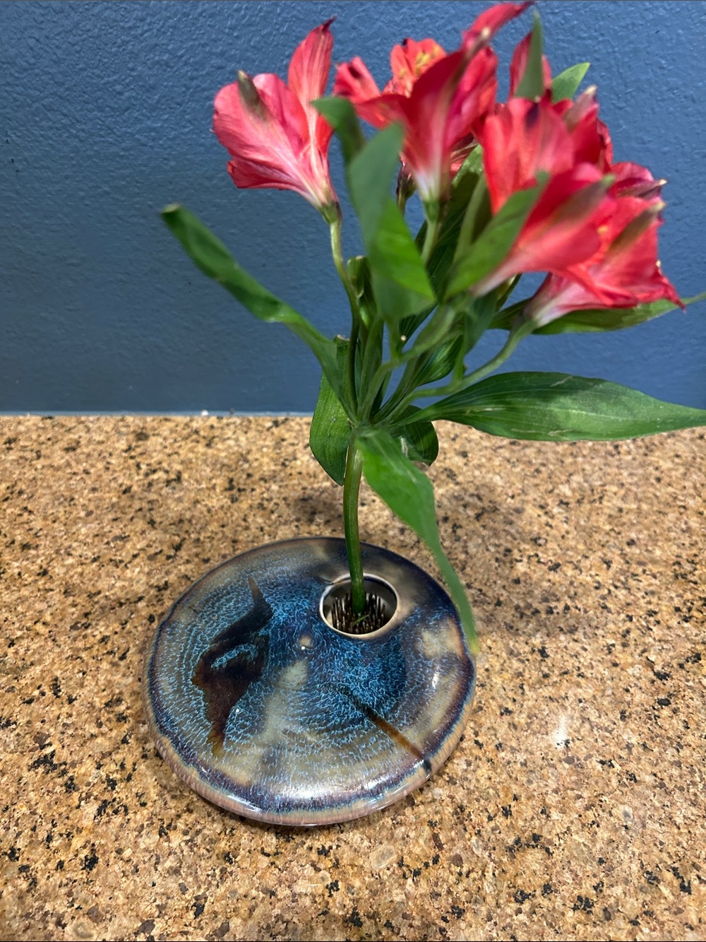Handcrafted Blue Ceramic Flower Frog Vase Accent Ikebana